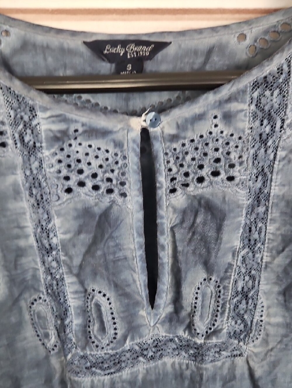 Lucky Brand Blue Acid Wash Eyelet Embroidered Boho Peasant Top | Small - Picture 7 of 11